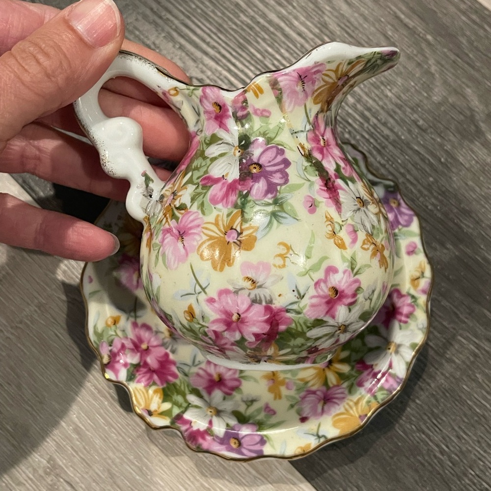 1950’s Hand Painted Floral Porcelain Creamer Pitcher with Gold Trimmed Plate